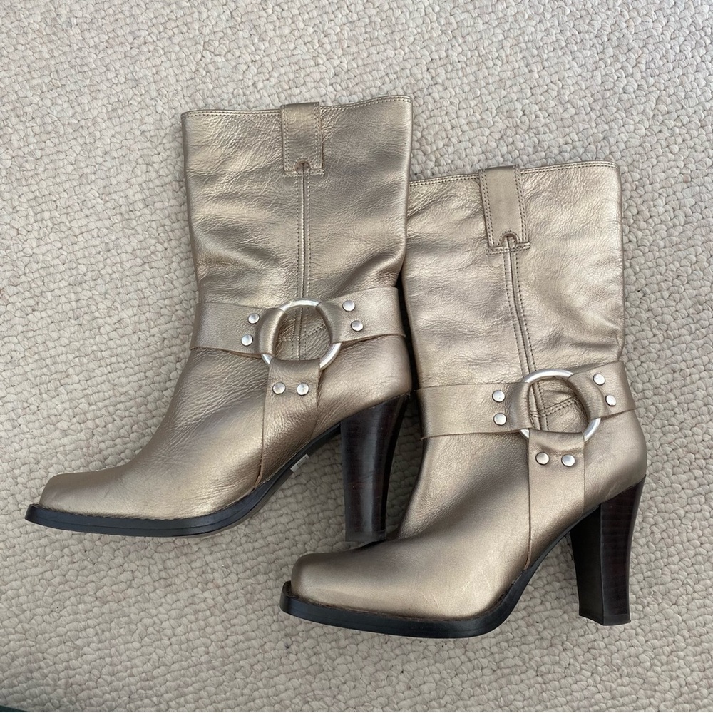 Michael Kors gold leather harness square toe boots
